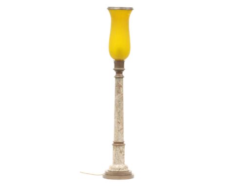 THEODORE AND ALEXANDER GILT METAL AND MARBLE TABLE LAMP, of column form with circular base and the yellow crackle glass tulip