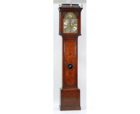 EIGHTEENTH CENTURY INLAID OAK LONGCASE CLOCK, signed John Melling, Chester, the 12 1/2" brass dial with silvered chapter ring