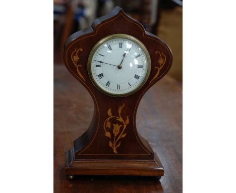 EDWARDIAN MARQUETRY INLAID MAHOGANY MANTEL CLOCK with Duverdrey and Bloquel, French movement, white circular Roman dial, in b