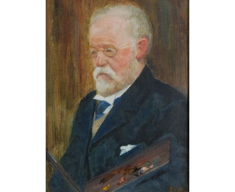 T S (?), (Twentieth Century) OIL PAINTING ON BOARD Quarter length portrait if an artist Monogrammed 11 1/2" x 8 1/2" (29.2cm 