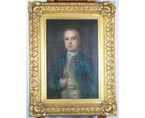 EIGHTEENTH CENTURY ENGLISH SCHOOL OIL PAINTING ON RELINED CANVAS Three quarter length portrait of boy wearing a blue coat  st