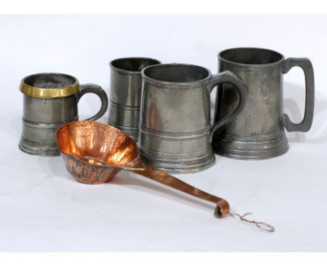 FOUR 19th CENTURY PEWTER MUGS AND A COPPER LADLE (5)
