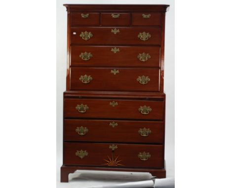 GEORGE III MAHOGANY CHEST ON CHEST, the moulded cornice above three short and three long long graduated drawers, all fitted w