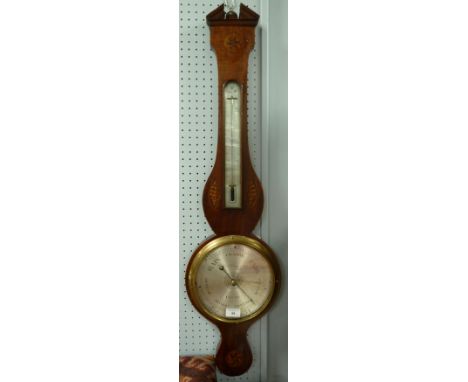 P. A. TARONE & CO, BRISTOL, 19th CENTURY INLAID MAHOGANY BANJO BAROMETER, the 8" silvered dial beneath an alcohol thermometer