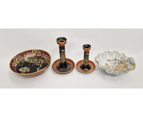 Two Carlton Ware 'Mikado' candlesticks, design attributed to Enoch Bolton, pattern 281, a mandarin pattern bowl, and a shell 