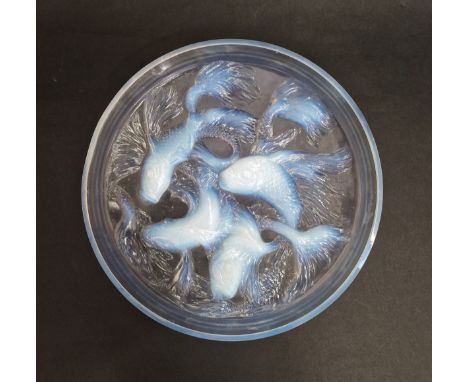Rene Lalique large 'Cyprins' box lid no. 42, the opalescent glass lid with relief decoration of fish, designed 1921, diameter