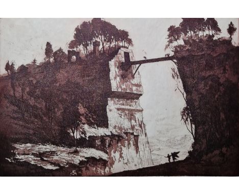 20th century school&nbsp;

Etching
Figures crossing a bridge between cliffs and ruins, signed Bream 76, 24cm x 36cm, above a 