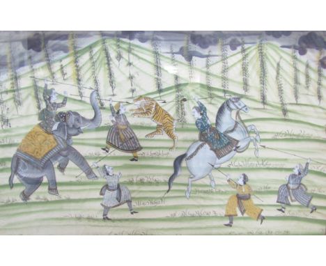 Moghul school (probably 20th century)&nbsp;
Painted on silk&nbsp;
Hunting scene, figures on an elephant and horse hunting a t