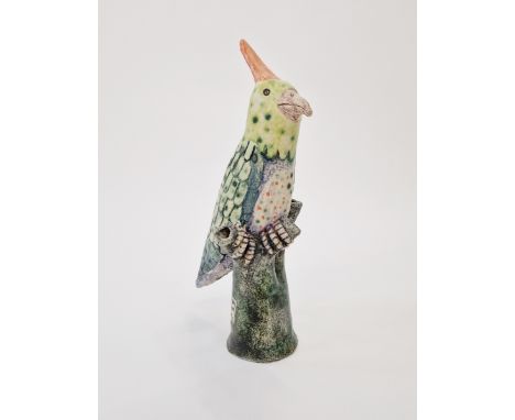 Amanda Popham (b.1954) studio pottery flower vase&nbsp;modelled as a parrot perched on a tree trunk, signed and dated 2014 to