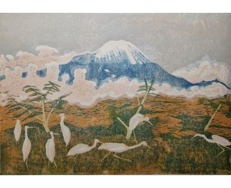 Pauline S Hall (20th/21st century)
Colour lithograph
'Egrets Under Kilimanjaro', artist's proof, signed and tilted in pencil,