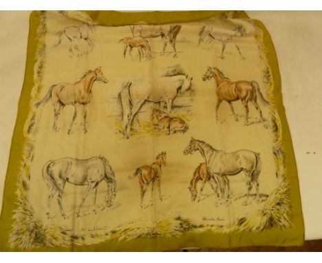 Hermes silk scarf&nbsp;by Xavier de Poret, titled 'Poulains', with rolled edges (some slight discolouration to the centre of 