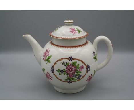 An 18th century Worcester tea pot and cover with knop finial, hand decorated overglaze with Famille Rose and other flowers, 1