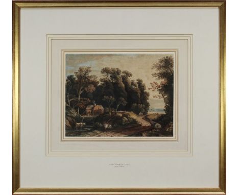 John Varley (British 1778-1841)
Wooded landscape with children fishing by a country lane. Watercolour over pencil. Signed and