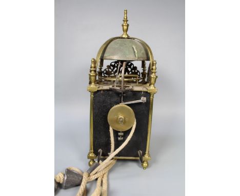 John Quelch, Oxon (Oxford), lantern clock with alarm rope driven 6'' dial with silvered chapter ring alarm plate single hand,