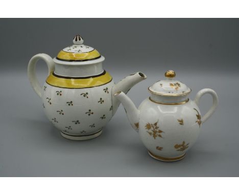 An 18th century Staffordshire creamware miniature teapot, polychrome decorated with floral sprigs within yellow bands, 11cm, 