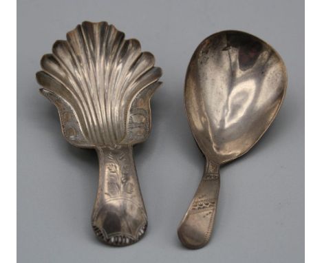 Taylor and Perry, a George III silver caddy spoon with shell bowl and floral bright cut handle, Birmingham 1829-30 together w