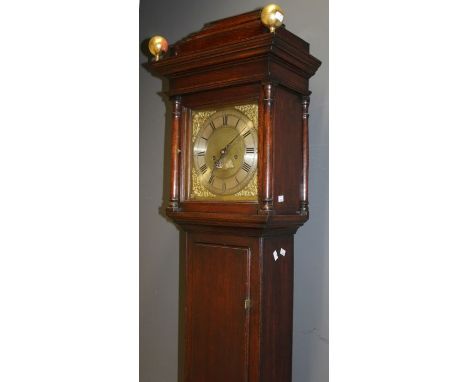 Blackburn Oakham (Rutland Leicestershire) No 1147 eight day longcase clock with 11'' brass dial with calendar and twin cherub