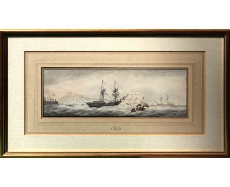 Samuel Atkins (British 1760-1810)
Shipping off Dover. Pencil, pen, ink and watercolour. Signed lower left. 10.5 x 30cm

Prove