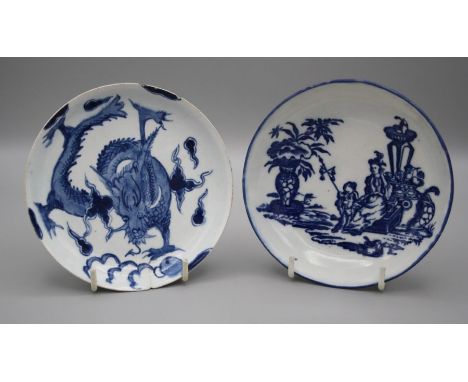 An 18th century Bow porcelain saucer decorated with a dragon in underglaze blue, 12.5cm (faults) together with a Caughley ' B