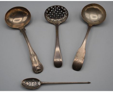 Charles Hollingshead, a George III silver sifter spoon, London 1818/19 together with a George III silver kings pattern sauce 