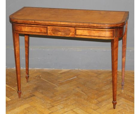 A George III satinwood card table, the D shape rosewood crossbanded top with double gate support, over inlaid frieze, on squa