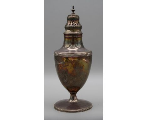 Henry Chawner, a George III silver sugar castor of vase shape, simply pierced cover with urn finial, banded body and circular