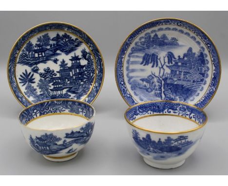 An 18th century Caughley tea bowl and saucer, Chinoiserie decorated in underglaze blue, 'S' marks, together with a Newhall po