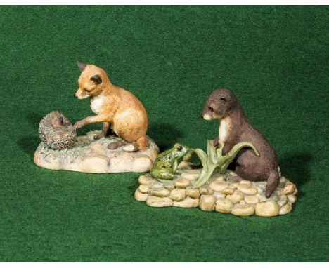 Two Border Fine Arts figure groups, 'First Encounters' fox cub and baby hedgehog and 'Otter and Frog' by R Ayres