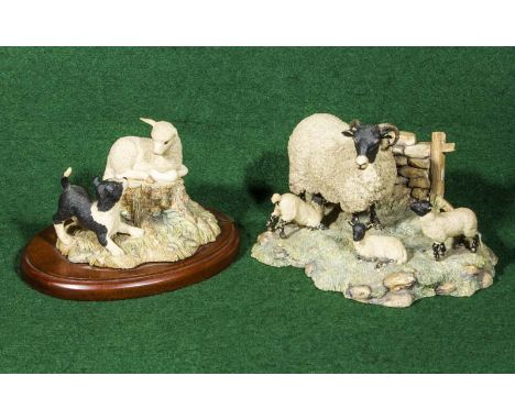Two Border Fine Arts figure groups, Ewe and three lambs together with Lamb and collie pup by R Ayres 1986