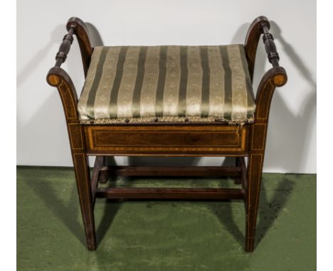 An Edwardian inlaid mahogany piano stool. lift up seat.