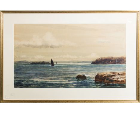 P MacGregor Wilson RSW: Framed watercolour depicting a seascape. Label verso. Image size 28cm x 48.5cm