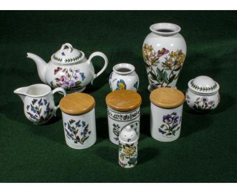 Portmeirion Botanic Garden ware including teapot, cream and sugar, three storage jars, two vases and a pepper pot