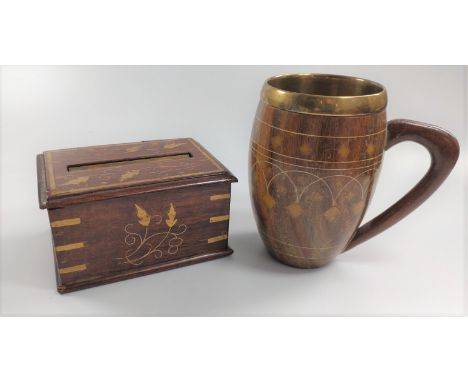 A treen mug and a  treen cigarette box. Vintage. 
