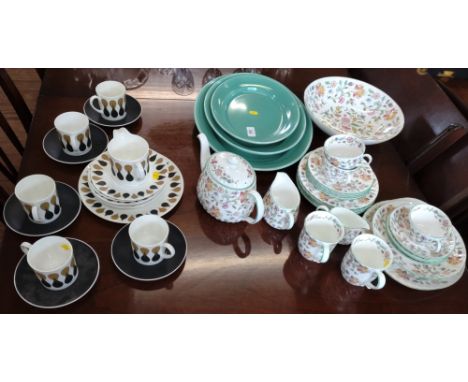 Minton Haddon Hall pattern tablewares (23), Wedgwood Susie Cooper Daiblo pattern part coffee set (17) and three Poole turquoi