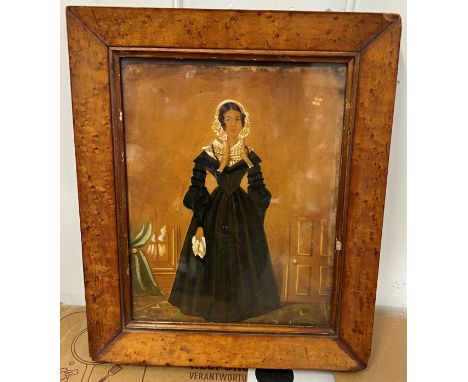 An early Victorian portrait in a birds eye maple frame. Circa 1840. 35.5cm x 30cm