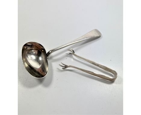 A Sterling Silver Old English Pattern ladle. Martin, Hall &amp; Co. Sheffield 1915. And a pair of Sterling Silver Sugar tongs