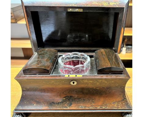A William IV  Rosewood tea caddy. circa 1830. With two compartments and a mixing bowl. 