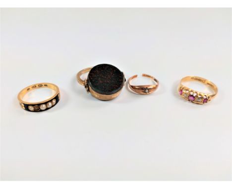 Three gold dress rings, size R, Q &amp; J. 9ct 5.92g, and a fob 