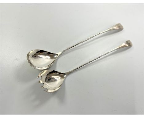 T Wilkinson &amp; Sons. A pair of Edwardian Sterling Silver Salad Servers. Birmingham 1908. With spiral twist stems. 23cm lon