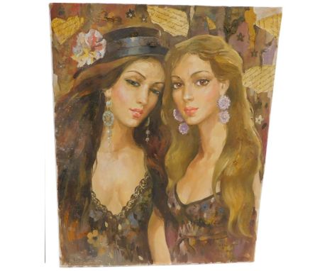 Yury Denissov (Russian b.1962) Portrait of two young girls, oil on canvas, 61cm x 50cm.