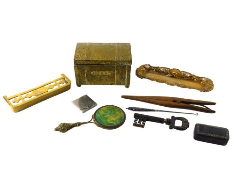 A collection of metal ware, to include tea caddy, miniature fender, candle snuffer tray, olivewood glove stretchers, snuff bo