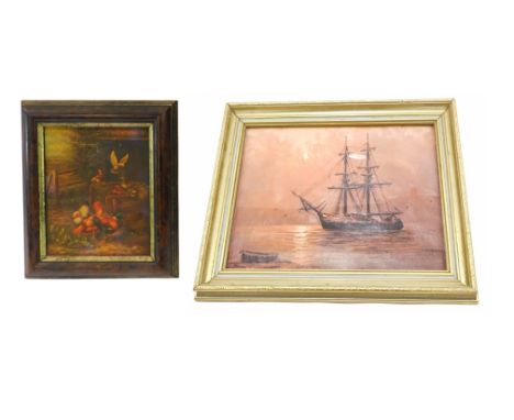 L. Alexis. Moonlit scene with sailing boat, oil on board, 29cm x 39cm, and a print of chickens. (2)