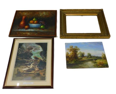 20thC English School. River landscape with cottages, oil on board, 32cm x 31cm, a Continental still life signed Cisa, and a p
