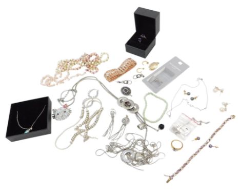 Silver and costume jewellery, including necklaces and bracelets, an opal doublet pendant, silver and diamond heart shaped nec