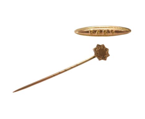 A 9ct rose gold tie pin, and a "baby" torpedo brooch, yellow metal, stamped 9ct, 1.7g.