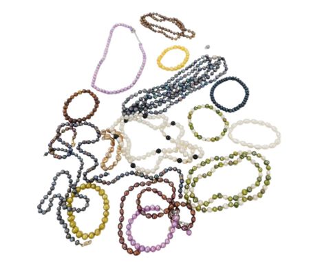 Assorted varicoloured cultured freshwater pearl necklaces. (a quantity)