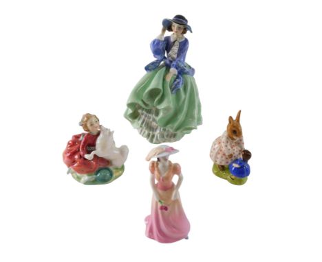 A Royal Doulton porcelain figurine, Top O'the Hill, green colour way, another Home Again, Coalport Becky, and Dolly Bunnykins