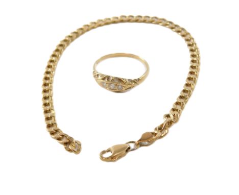 A curb link bracelet, on a lobster claw clasp, 2.5g, together with a 9ct gold and cz three stone ring, in a Victorian style s