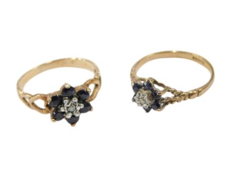 A 9ct gold sapphire and diamond flower head ring, size H½, and another similar size I, 2.5g.