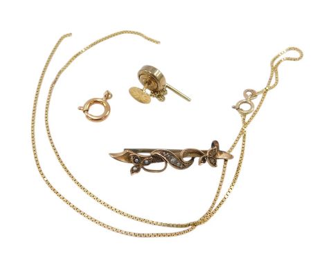 A Victorian 9ct gold and seed pearl bar brooch, of scrolling leaf form, box link neck chain, a bolt ring clasp, and a tie pin